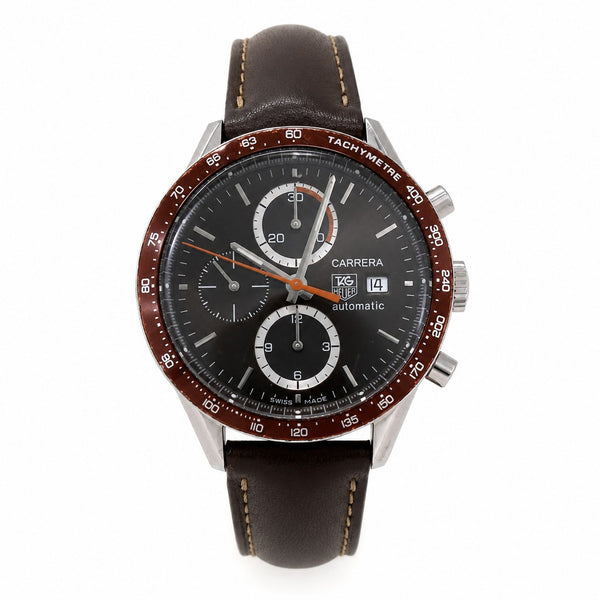 TAG Heuer Carrera Chronograph CV2013 automatic watch with brown dial, stainless steel case, and leather strap on white background