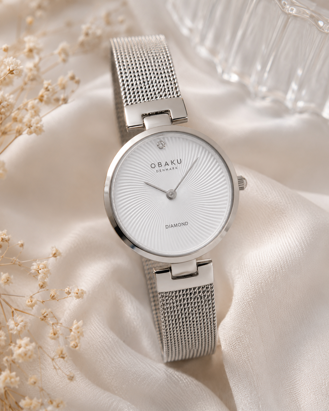 Obaku Diamant Petite Quartz White Dial Diamond Steel Mesh Watch 24mm (V256SXCIMC)