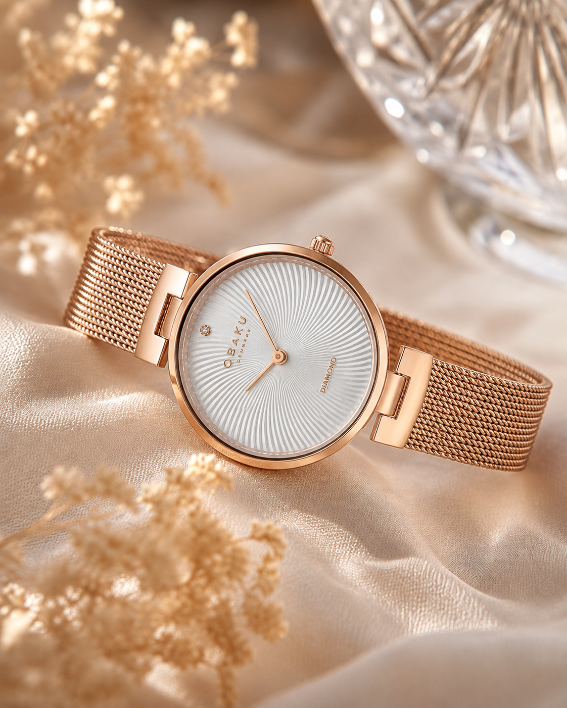Obaku Diamant Quartz Rose Gold Mesh Diamond Dial Ladies Watch (V256LXVIMV)