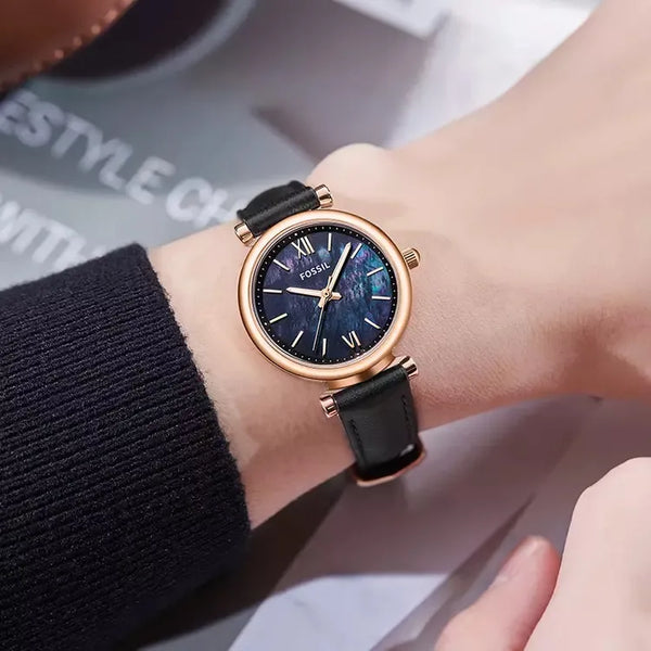 Fossil Carlie Mini Quartz Black Mother-of-Pearl Rose Gold Leather Watch (ES4700)