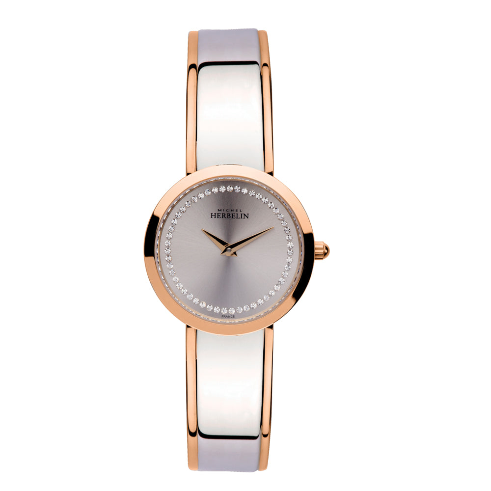 Michel Herbelin M-Band 17056/BTR62 ladies watch with 28mm two-tone rose gold and stainless steel case, silver sunray dial with spinel stones, and integrated bracelet
