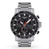 Tissot Supersport Chrono black dial watch front view on steel bracelet