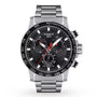 Tissot Supersport Chrono black dial watch front view on steel bracelet