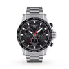 Tissot Supersport Chrono 45.5mm stainless steel chronograph with black dial, tachymeter bezel, and integrated bracelet