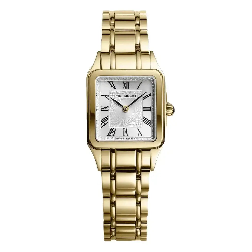 Michel Herbelin Luna square watch with silver dial and gold-tone bracelet, front view