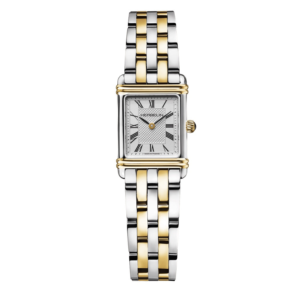 Michel Herbelin Art Deco rectangular ladies watch with silver guilloche dial, black Roman numerals, and two-tone stainless steel yellow gold PVD bracelet
