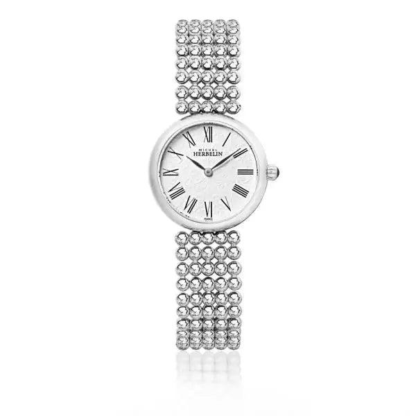 Michel Herbelin Perle 17483/B08 ladies quartz watch with white Roman numeral dial and stainless steel multi-row bead bracelet