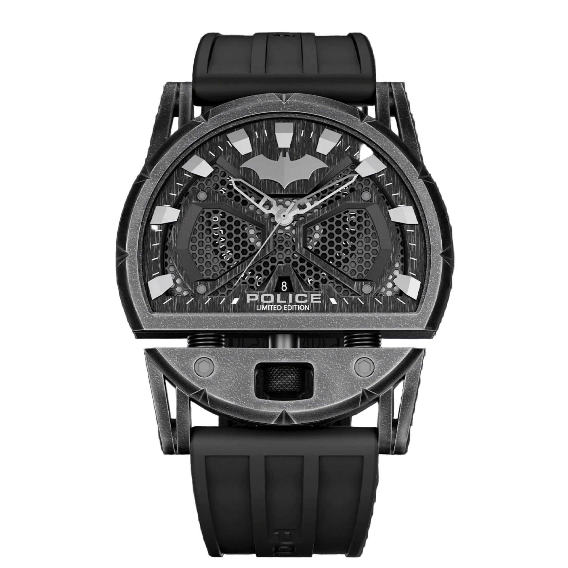 Police Batman Dark Side Limited Edition PEWGN0075401 mens chronograph watch with 46mm stainless steel barrel case, black honeycomb dial with Batman emblem, and black silicone rubber strap