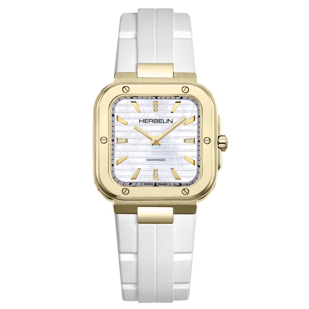 Michel Herbelin Cap Camarat Square Dame quartz watch with white mother-of-pearl dial, diamond markers, gold-tone case and white rubber strap