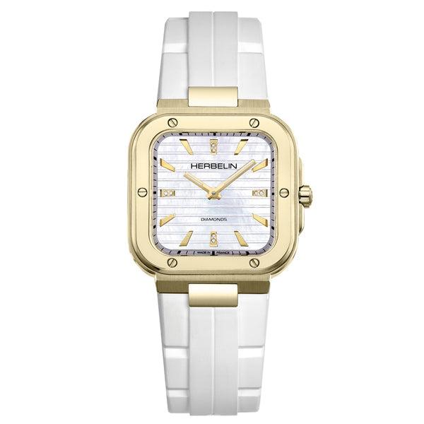 Michel Herbelin Cap Camarat Square Dame quartz watch with white mother-of-pearl dial, diamond markers, gold-tone case and white rubber strap