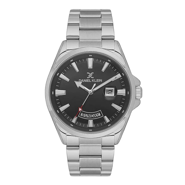 Daniel Klein DK.6.14037-1 quartz watch with black sunray dial day-date display and stainless steel bracelet on white background