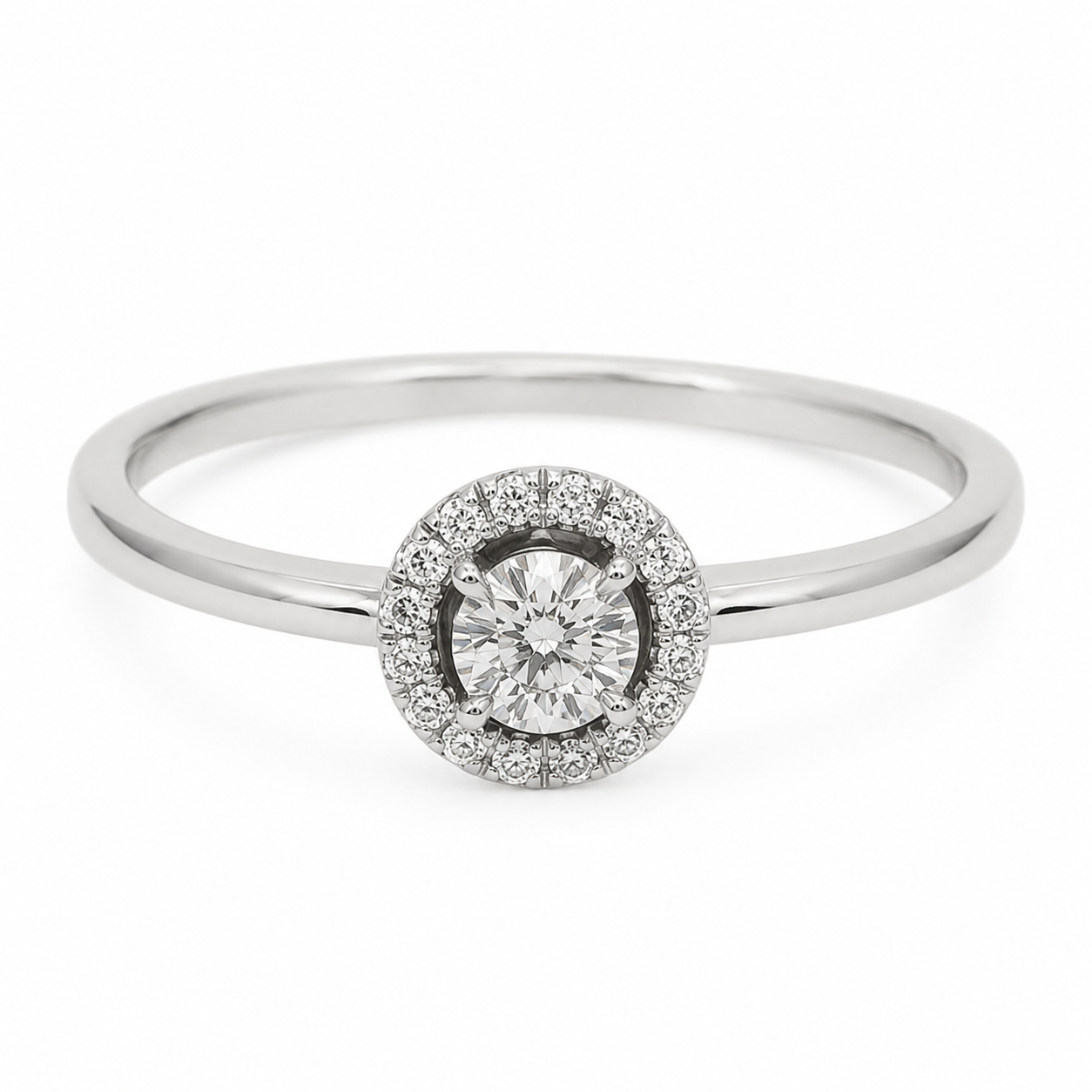 9ct white gold round halo diamond engagement ring with brilliant cut centre stone and pave halo setting on plain band