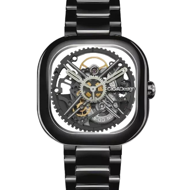 CIGA Design Eastern Jade C012-BB01-W7B black ceramic skeleton automatic watch with cushion case and integrated bracelet