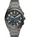 Fossil Everett Chronograph FS6107 gunmetal stainless steel watch with sunray grey dial and blue chronograph sub-dials on integrated bracelet