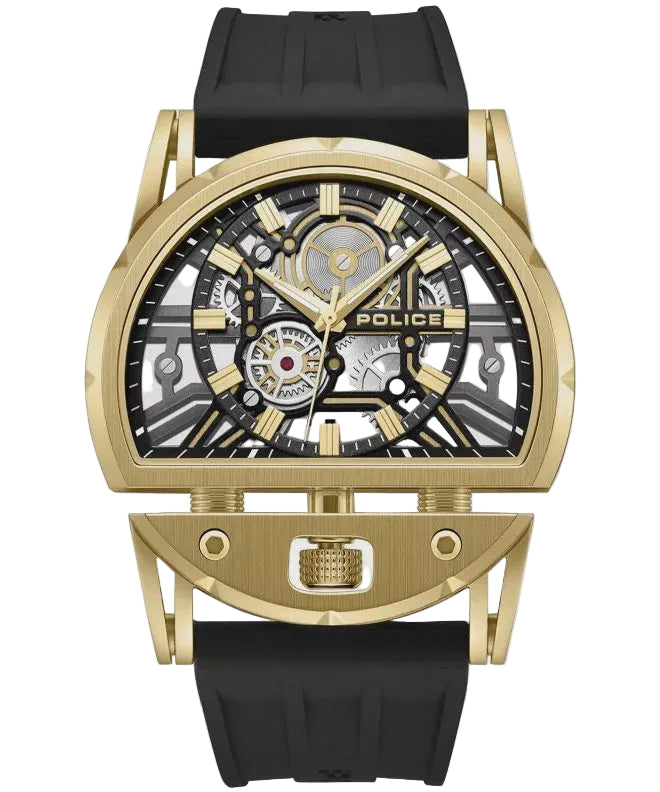 Police Daintree 2.0 PEWGM0081508 gold-tone skeleton watch with black rubber strap, tonneau-shaped case, visible Miyota quartz movement and multi-layer skeletonised dial