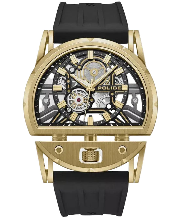 Police Daintree 2.0 PEWGM0081508 gold-tone skeleton watch with black rubber strap, tonneau-shaped case, visible Miyota quartz movement and multi-layer skeletonised dial