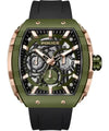 Police Flash PEWGQ0063003 men's quartz watch with 49mm olive green tonneau case, rose gold accents, skeleton multifunction dial, and black rubber strap