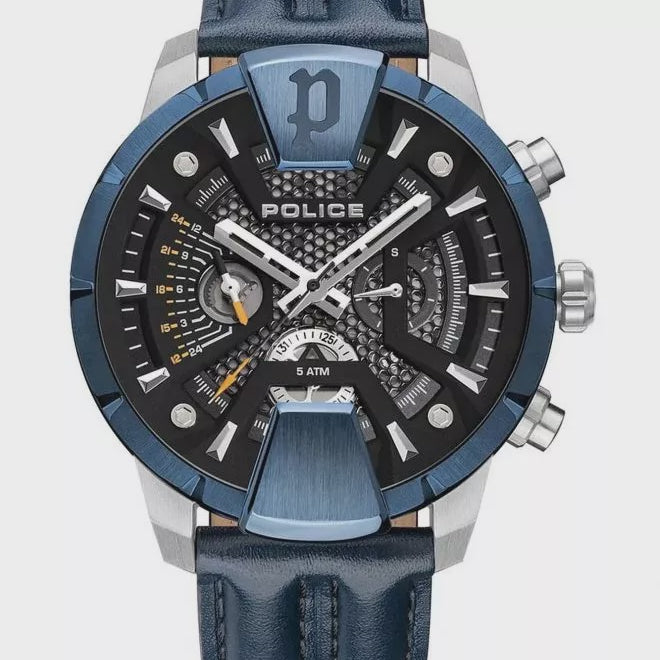 Police Huntley watch with black honeycomb dial, blue bezel and leather strap