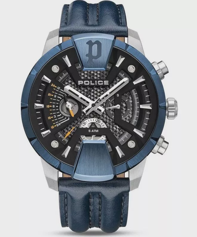Police Huntley watch with black honeycomb dial, blue bezel and leather strap