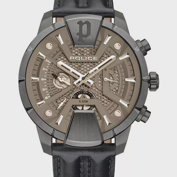 Police Huntley watch with grey honeycomb dial, gunmetal case and leather strap