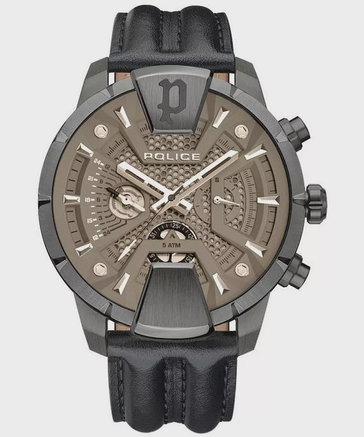 Police Huntley watch with grey honeycomb dial, gunmetal case and leather strap
