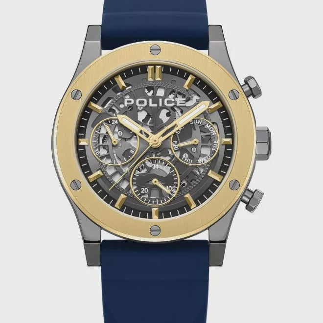 Police dual time watch with skeleton dial, gold-tone screw bezel and black silicone strap