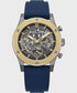 Police dual time watch with skeleton dial, gold-tone screw bezel and black silicone strap