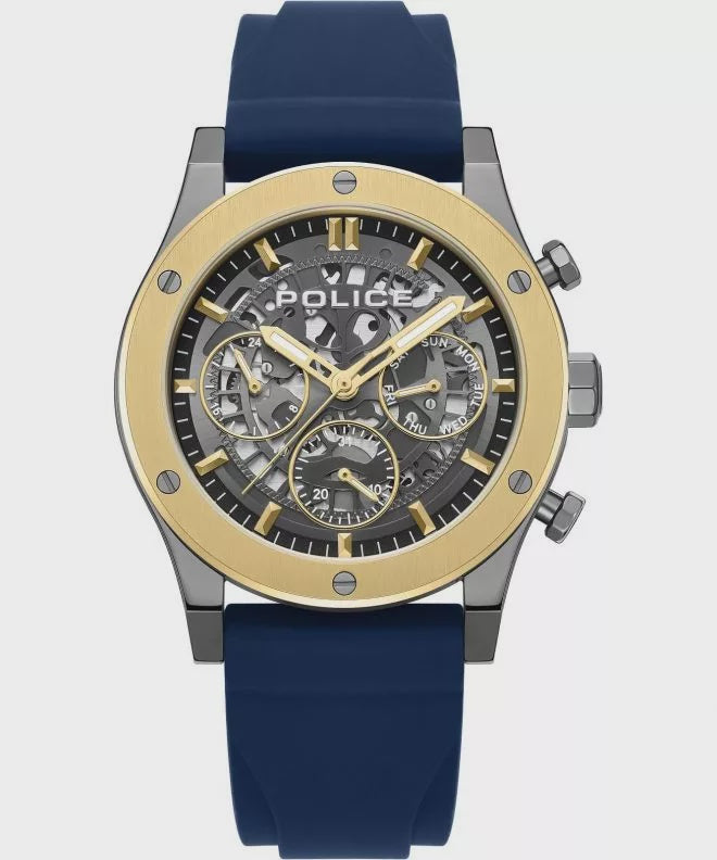 Police dual time watch with skeleton dial, gold-tone screw bezel and black silicone strap