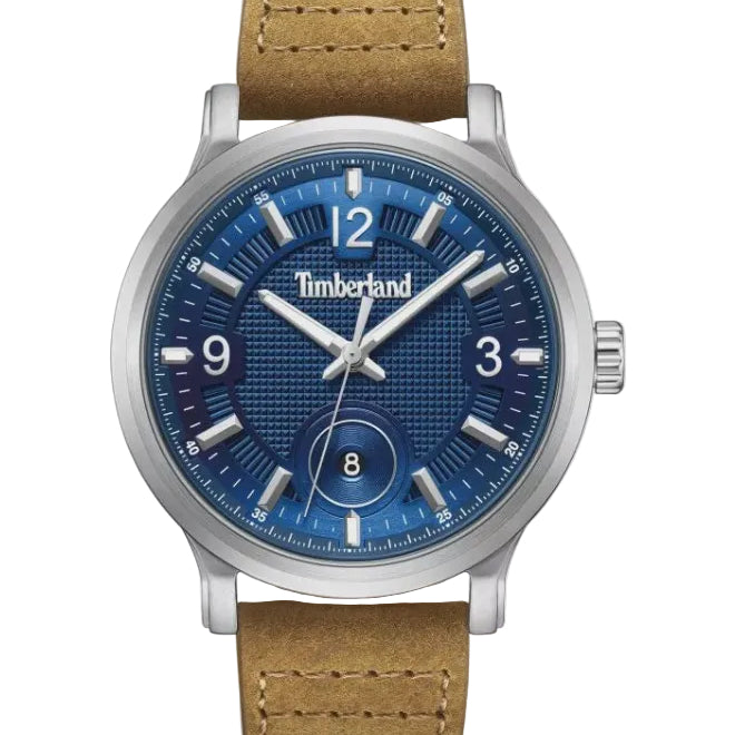 Timberland Driscoll watch with blue textured dial, steel case and leather strap