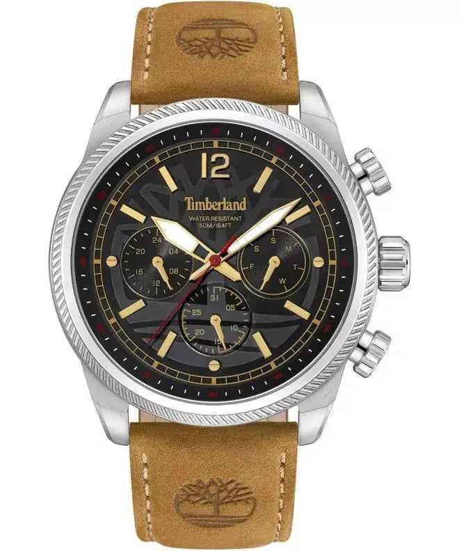 Timberland Henniker II TDWGF0082801 quartz chronograph watch with 46mm stainless steel case, black multi-function dial, and light brown leather strap