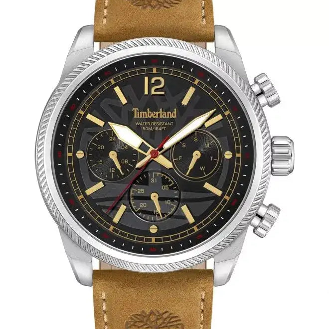 Timberland Henniker II TDWGF0082801 quartz chronograph watch with 46mm stainless steel case, black multi-function dial, and light brown leather strap