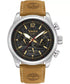 Timberland Henniker II TDWGF0082801 quartz chronograph watch with 46mm stainless steel case, black multi-function dial, and light brown leather strap