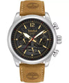 Timberland Henniker II TDWGF0082801 quartz chronograph watch with 46mm stainless steel case, black multi-function dial, and light brown leather strap