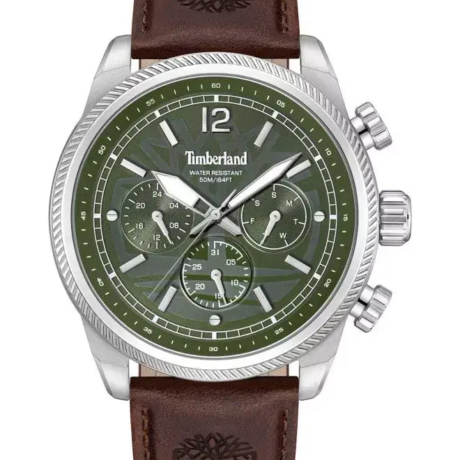 Timberland Henniker II watch with green sunburst dial, steel case and leather strap