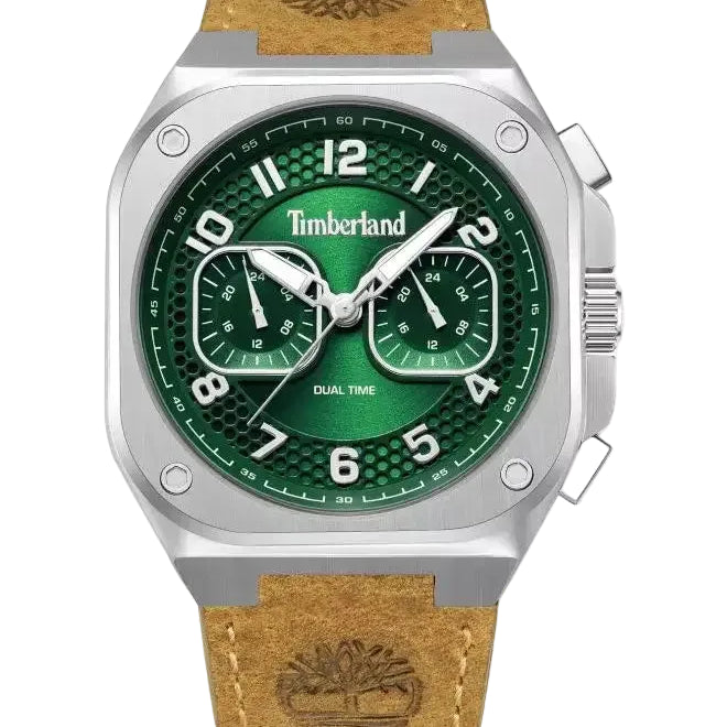 Timberland Mackinac watch front view showing green honeycomb dial and cushion steel case