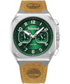 Timberland Mackinac TDWGF0055002 men's quartz watch with green textured dial, dual time subdials, stainless steel cushion case, and tan leather strap