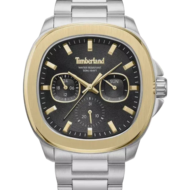 Timberland Swansey watch front view showing black sunray dial and gold-tone bezel