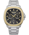 Timberland Swansey TDWGK0083601 men's quartz watch with 44mm cushion case, black sunray dial, gold-tone bezel, and stainless steel bracelet
