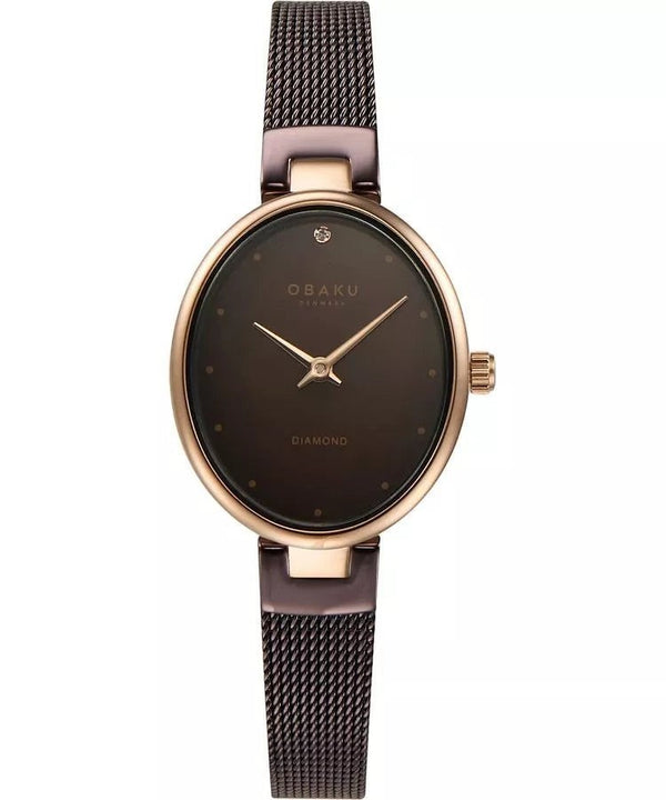 Obaku Denmark V312LXVNMN Oval Diamond Quartz Rose Gold PVD Brown Dial Mesh Ladies Watch