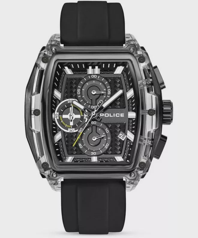 Police Clout Tank PEWGO00778X2 quartz chronograph watch with transparent resin case, black skeletonised dial, and silicone strap