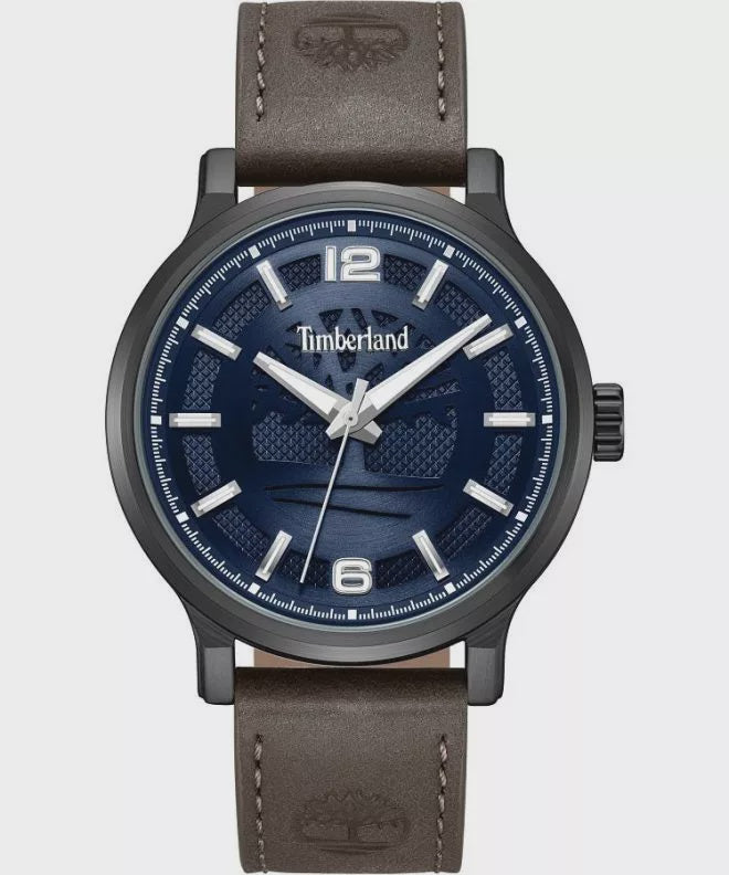 Timberland Driscoll TDWGA0094703 men's watch with navy blue embossed dial, 43mm gunmetal case and brown leather strap