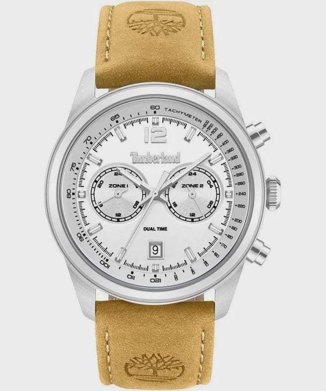 Timberland Northbridge TDWGF0094401 men's quartz chronograph watch with white dual-time dial, 45mm stainless steel case, tan leather strap, and tachymeter bezel