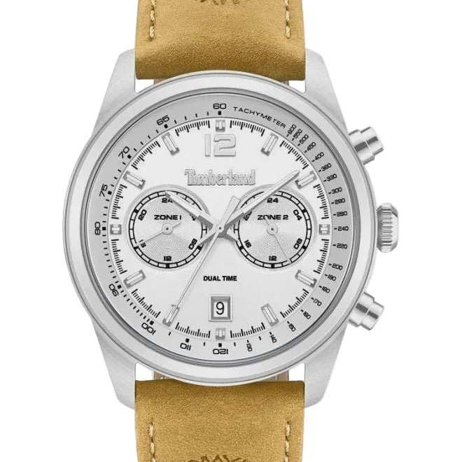 Timberland Northbridge white dial chronograph with steel case and leather strap, front view