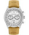 Timberland Northbridge TDWGF0094401 men's quartz chronograph watch with white dual-time dial, 45mm stainless steel case, tan leather strap, and tachymeter bezel