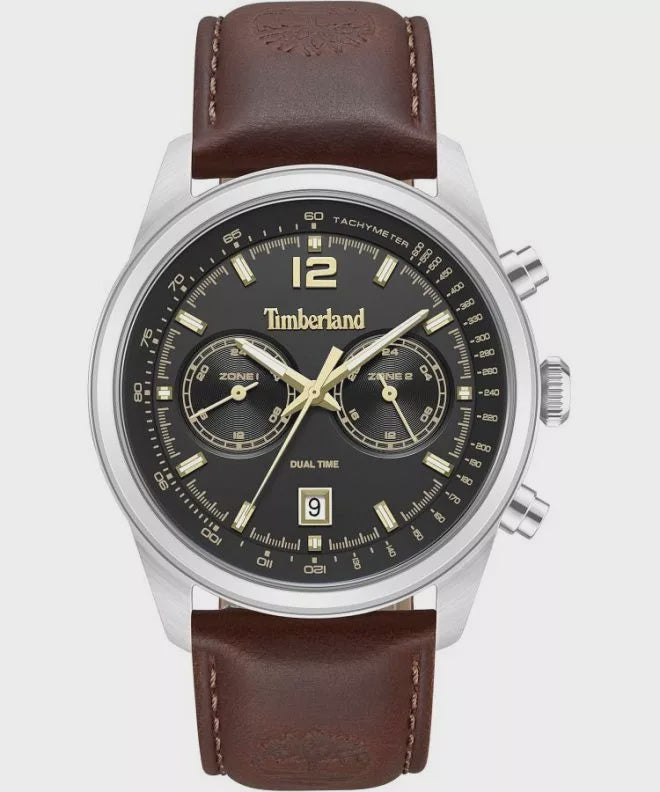 Timberland Northbridge TDWGF0094402 dual time quartz watch with black dial, stainless steel case, and brown leather strap