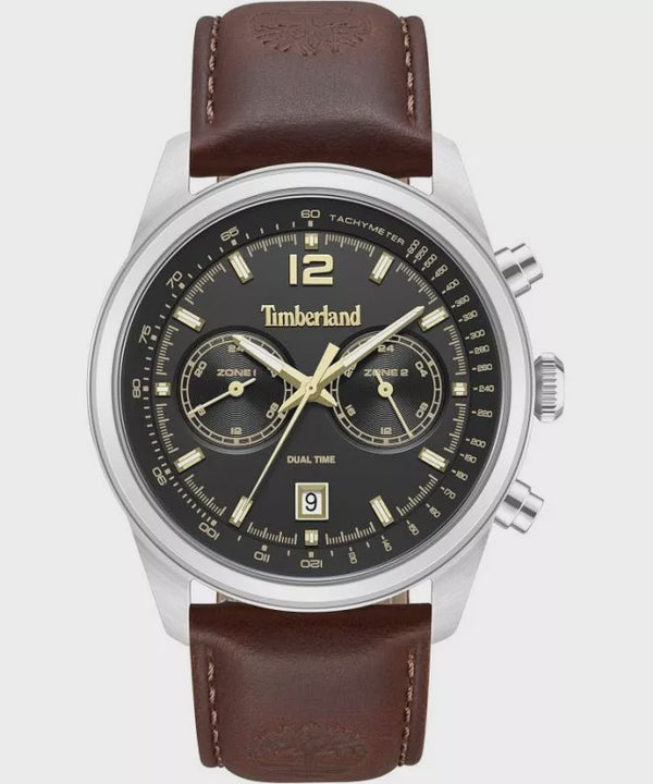 Timberland Northbridge TDWGF0094402 dual time quartz watch with black dial, stainless steel case, and brown leather strap