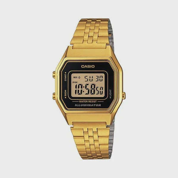 Casio LA680WGA-1DF retro rectangular digital watch with gold-tone stainless steel case and bracelet and black digital display
