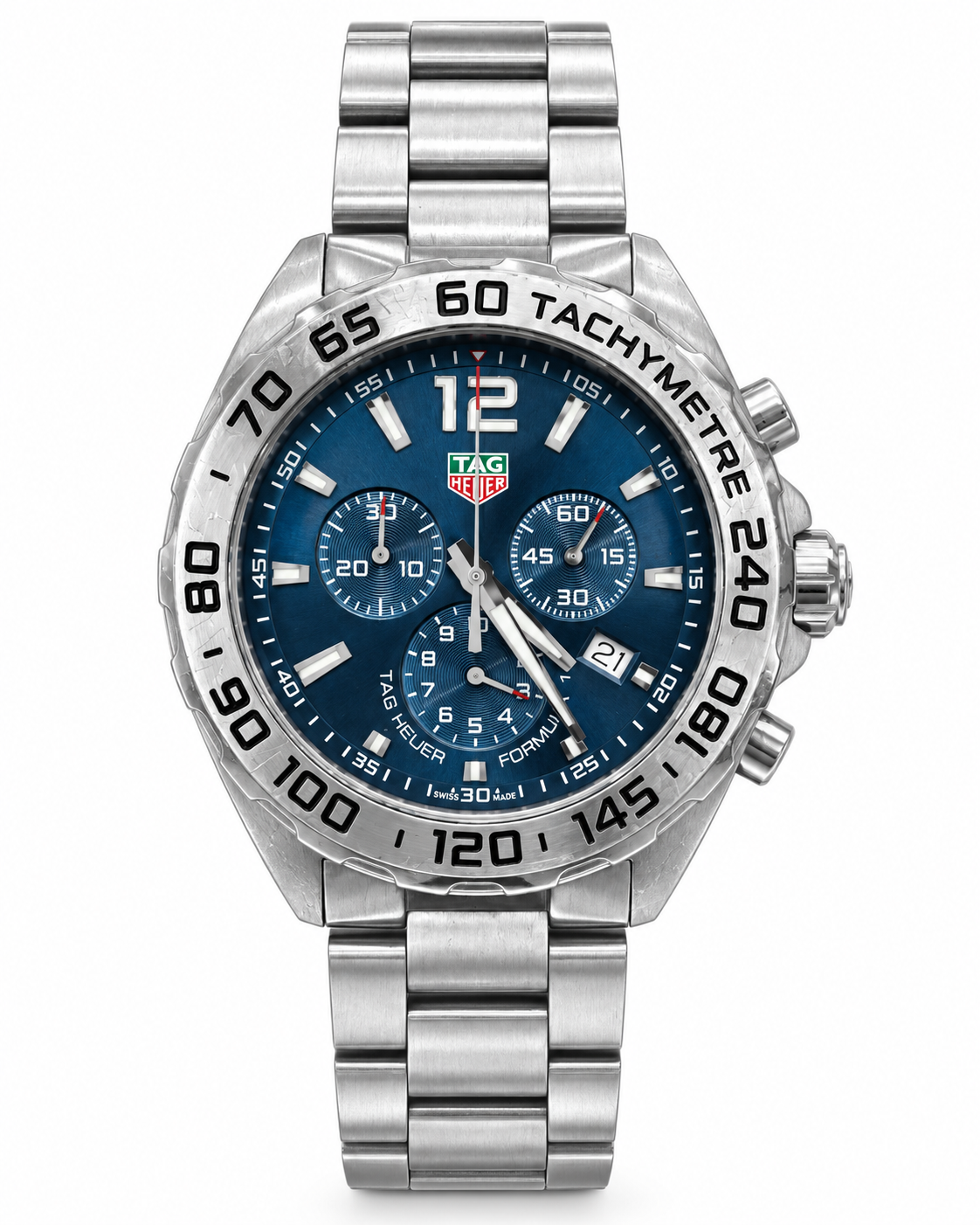Pre-owned TAG Heuer Formula 1 quartz chronograph with 43mm stainless steel case, blue sunray dial, tachymetre bezel, and three-link steel bracelet
