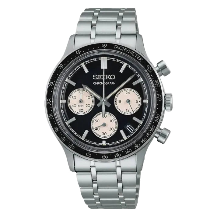 Seiko SSB479P1 Sport Quartz Chronograph with black panda dial, stainless steel case and bracelet, and tachymeter bezel