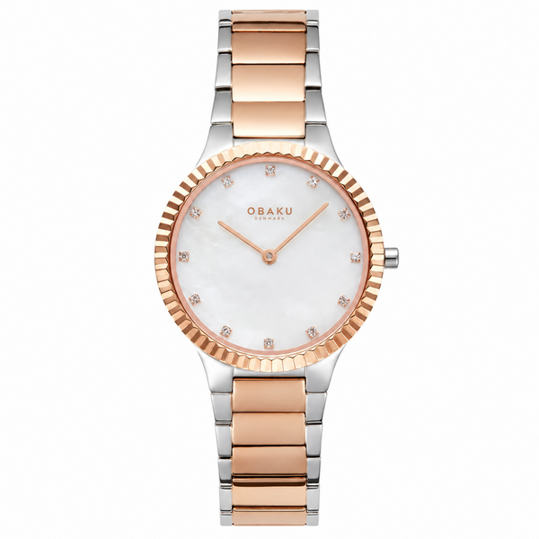 Obaku Linje Lille Quartz White MOP Dial Two-Tone Rose Gold & Stainless Steel Ladies Watch (V292LXZWSH)